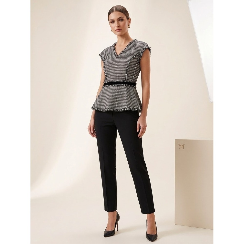 Rebecca Taylor Black White Tweed Peplum Lamb Leather Trim V-Neck Size 8